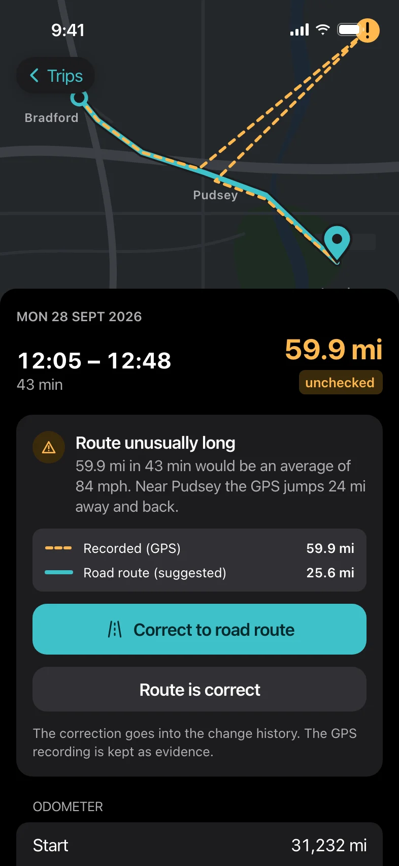 Trip detail in dark mode warning that the route is unusually long because of a GPS jump, with the option to correct it to the road route.