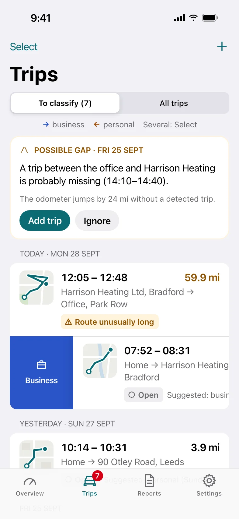 Trips inbox: a possible gap warning and trips waiting to be classified, one swiped to reveal the Business action.